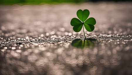 A close-up shot of a single clover leaf standing tall with dew drops sparkling around it.の写真素材