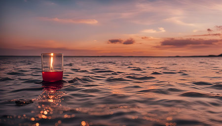 A single candle floats on the surface of the water, its flame casting a warm glow against the backdrop of a breathtaking sunset.の写真素材