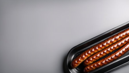 Three grilled sausages lie on a black tray. The sausages are perfectly cooked, with a crispy exterior and a juicy interior. The tray is set against a plain gray background.の写真素材