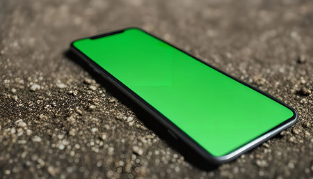 A modern smartphone with a green screen lies on a rough textured surface, providing a clean and minimalist backdrop for showcasing digital content or app interfaces.の写真素材