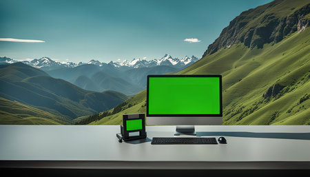A desktop computer with a green screen display is positioned on a desk with a breathtaking mountain view in the background. The image evokes a sense of serenity and tranquility, highlighting the connection between nature and technology.の写真素材