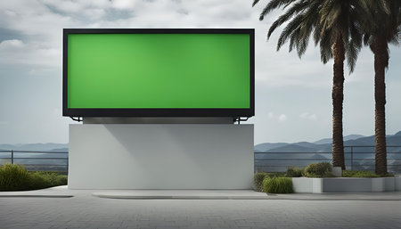 A large green screen billboard mockup with palm trees and a mountain landscape in the background. Perfect for showcasing your designs and advertising.の写真素材