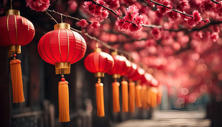 A row of red lanterns adorned with tassels hang from branches of pink blossoms, illuminating a charming Chinese street. The festive lights and vibrant colors create a joyful and celebratory atmosphere.の写真素材