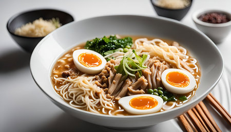 Close-up of a steaming bowl of ramen noodles with broth, eggs, meat, and vegetables, ready to be enjoyed.の写真素材