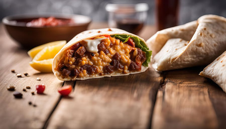 A close-up shot of a delicious burrito filled with savory meat, beans, cheese, and vegetables, garnished with sour cream, and served on a wooden table. This is a perfect meal for any occasion.の写真素材