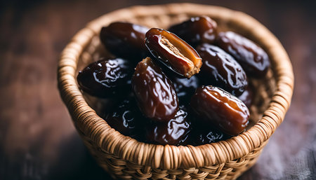 A close-up of dates in a wicker basket on a wooden background. The dates are ripe and plump, with a rich brown color. They are a popular snack food and are often eaten during Ramadan.の写真素材