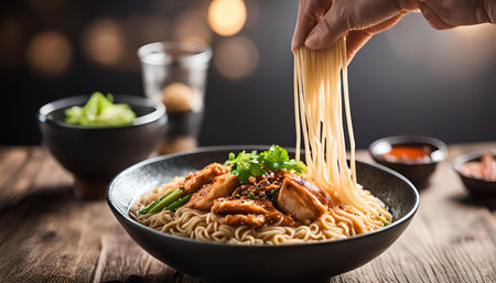 A close-up shot of a delicious bowl of Asian noodles with chicken, the noodles are being lifted by a...
