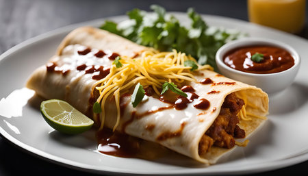 A delicious burrito on a white plate with red sauce, shredded cheese, and cilantro.の写真素材