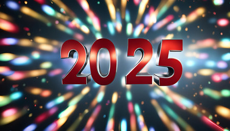 A 3D rendering of the year 2025 in bold red numbers, set against a dazzling backdrop of colorful...