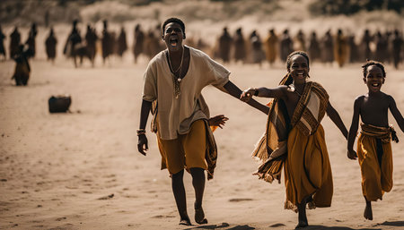 Three African children run together through the desert, their faces filled with joy and excitement. They are dressed in traditional clothing and are surrounded by other people in the background. The image captures the spirit of community and the beauty of African culture.の写真素材
