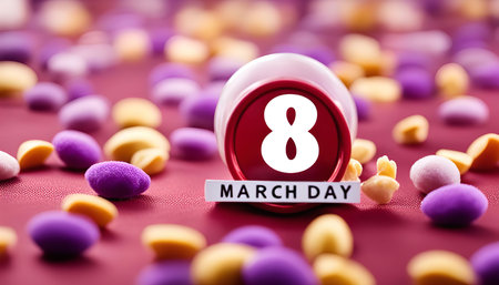 A close-up shot of a calendar with the date March 8th, International Women's Day, surrounded by...