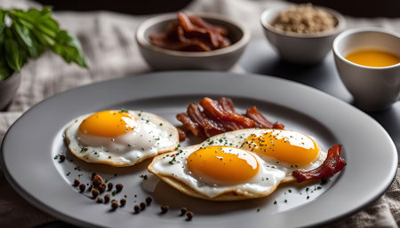 A plate of perfectly cooked fried eggs with crispy bacon, sprinkled with peppercorns. The image...