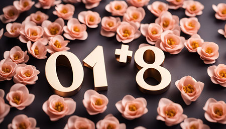 Golden numbers '01+8' surrounded by delicate pink flowers on a black background.の写真素材
