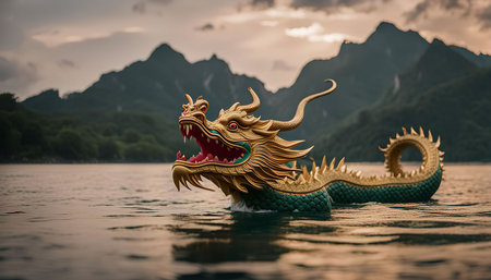 A golden dragon boat rests serenely on a calm lake, with majestic mountains in the background, creating a breathtaking landscape.の写真素材