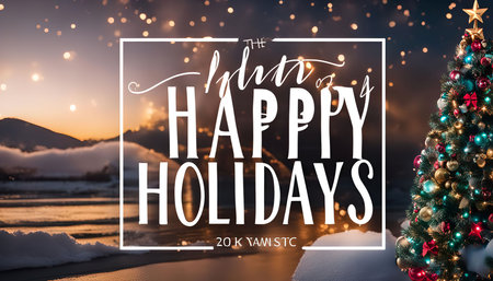 A festive Christmas tree adorned with twinkling lights stands against a backdrop of a snowy mountain range at sunset, creating a magical holiday greeting.の写真素材