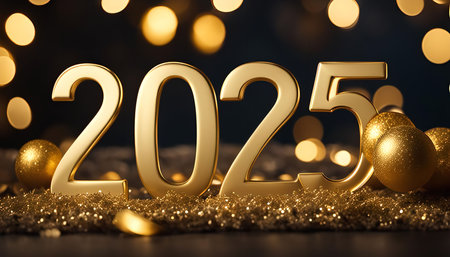 A close-up view of the golden numbers 2025 set against a sparkling bokeh background, a perfect representation of new beginnings and celebratory spirit.の写真素材