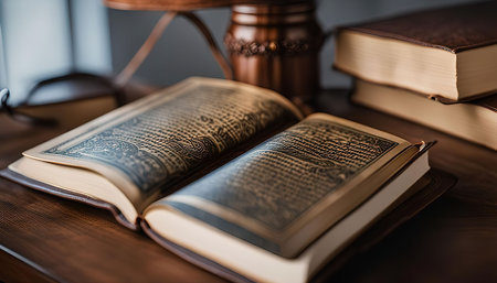 A close-up of an open holy book resting on a wooden table. The pages are filled with scripture, and...