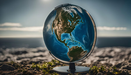 A globe sits on a cliff edge, overlooking the vast ocean and a clear blue sky, symbolizing the interconnectedness of our world.の写真素材