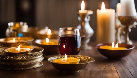 A close-up shot of a table setting with candles, a glass of wine, and gold decor. The warm lighting and elegant setting create a romantic and relaxing atmosphere.の写真素材