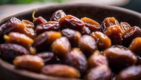 A close-up photo of a bowl filled with dates, showing their rich brown color, juicy texture, and...