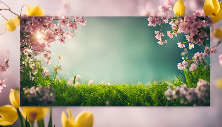A vibrant image of pink blossoms and green grass bathed in warm sunlight, showing the beauty of spring and new beginnings.の写真素材