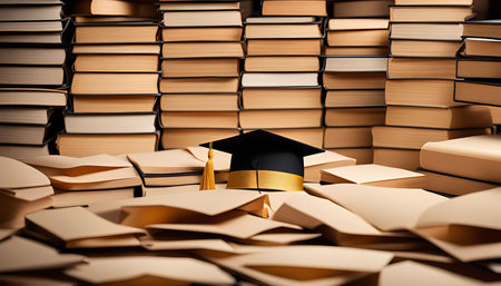 A graduation cap rests on a large pile of books, representing the knowledge and hard work involved in achieving a degree.の写真素材