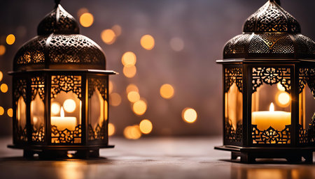 Two ornate lanterns with lit candles, radiating a warm glow against a dark background with bokeh...