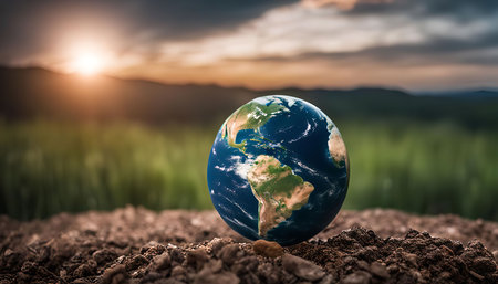 A globe representing the planet earth is sitting on a hilltop, with a sunset in the background.の写真素材