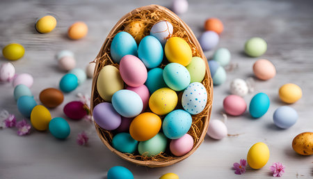 A basket filled with colorful Easter eggs, signifying the celebration of spring and renewal.