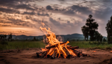 A campfire burns brightly in the foreground, with a stunning sunset in the background. The scene...