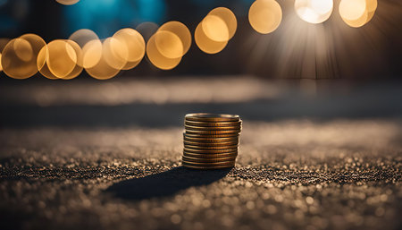 A stack of coins sits on a textured surface, with bokeh lights creating a warm and inviting atmosphere.の写真素材