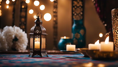 A close-up of an ornate metal lantern with a lit candle inside, surrounded by other candles and...