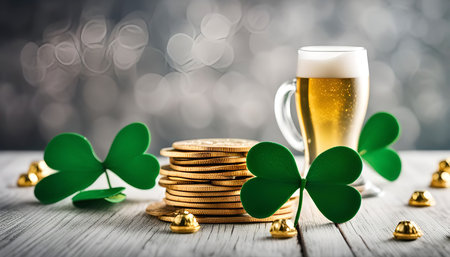 A festive St. Patrick's Day arrangement featuring a glass of beer, shamrocks, and gold coins on a rustic wooden backgroundの写真素材