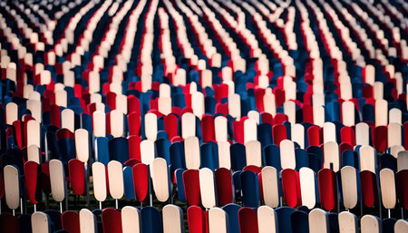 A close-up view of a large group of red, white, and blue seats arranged in a repeating pattern, creating a visually striking abstract composition.の写真素材