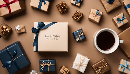 A flat lay image of gifts, wrapped in brown paper with blue and gold ribbons, arranged around a cup of coffee. The gifts and coffee create a festive and warm atmosphere.の写真素材