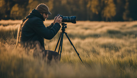 A photographer captures a stunning sunset with his camera mounted on a tripod in a grassy field. The golden light illuminates the scene, creating a warm and inviting atmosphere.の写真素材