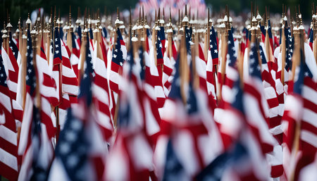 A field of American flags waving in the wind, a powerful display of patriotism and national pride.の写真素材