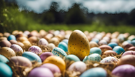 A close-up shot of colorful Easter eggs nestled in a bed of straw. The eggs are painted in various...