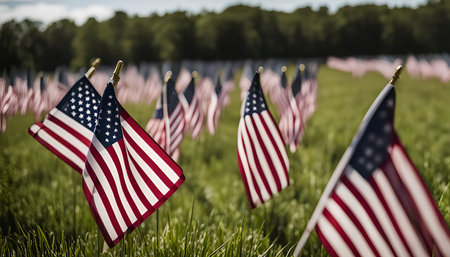 A field of American flags waving in the wind, symbolizing patriotism and national pride.