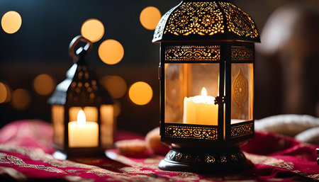A close-up shot of a decorative metal lantern with an ornate design. A candle inside illuminates the...