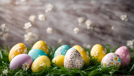 A close-up shot of colorful Easter eggs decorated with floral patterns resting in a bed of green...