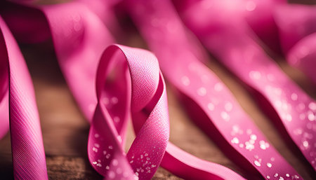 A close-up photograph of several pink ribbons, a symbol of breast cancer awareness, resting on a wooden surface. The ribbons are arranged in a delicate and intricate pattern, creating a visually appealing and poignant image.の写真素材