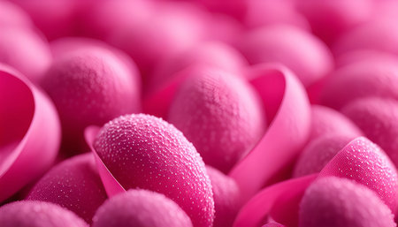 Close-up of pink Easter eggs decorated with ribbons, capturing a festive and cheerful atmosphere.の写真素材