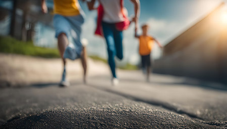 Three kids running away in the street on a sunny summer day.の写真素材