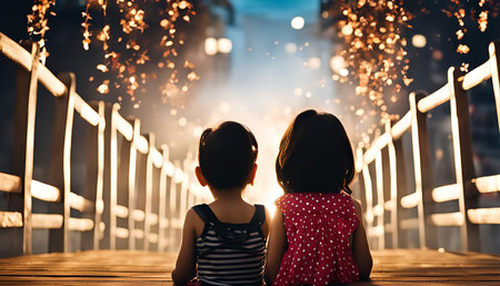 Two children, a girl and a boy, stand side by side on a wooden bridge. They are looking up at a sparkling display of lights, creating a magical and enchanting atmosphere.の写真素材