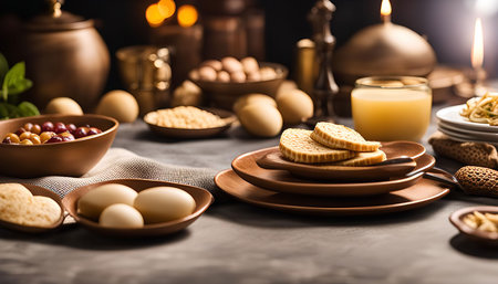 A rustic table setting with a medieval theme. There is a variety of food including bread, eggs, and berries. The table is adorned with brass candlesticks and other antique items.の写真素材