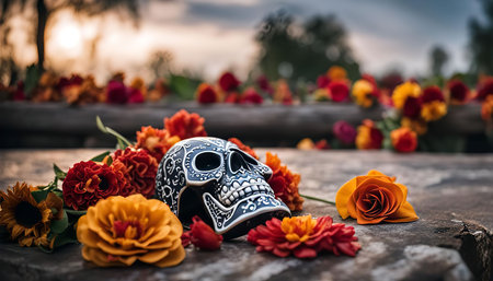 A sugar skull decorated with colorful flowers against a backdrop of a blurred background with more flowers, evoking the Day of the Dead in Mexico.の写真素材