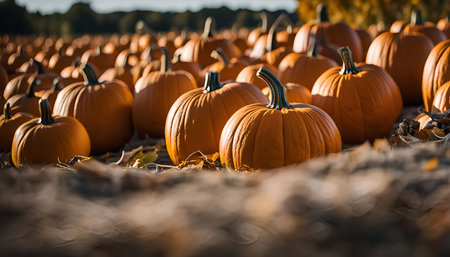 A field full of ripe orange pumpkins ready for harvest. The pumpkins are arranged in rows and the...