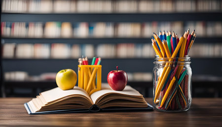 Open book on a wooden table with apples and pencils. School supplies against the background of a...