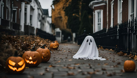 A spooky Halloween scene with jack-o-lanterns and a ghost on a street lined with housesの写真素材